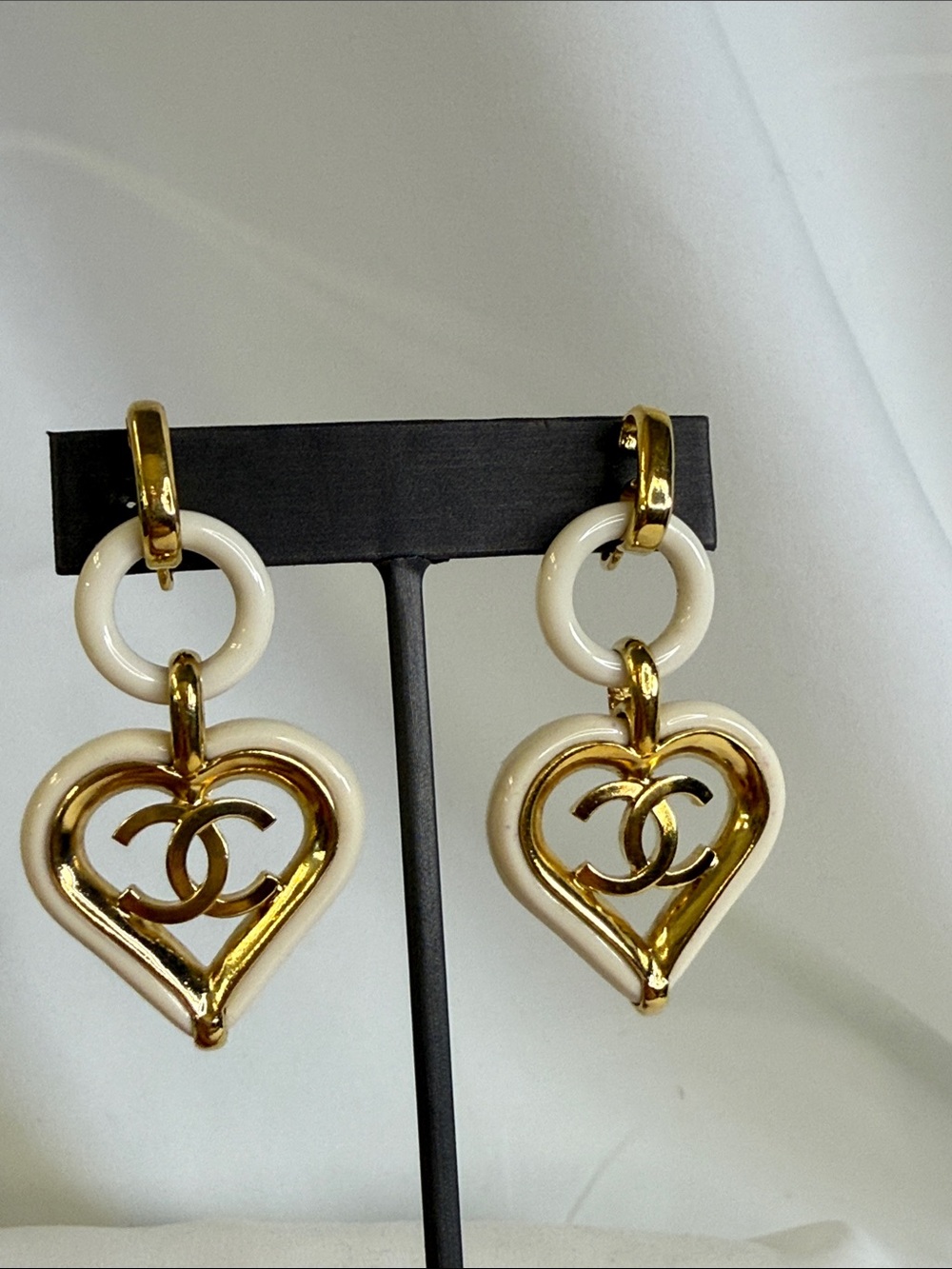 CHANEL Gold & Cream Heart Drop Earrings with Interlocking CC